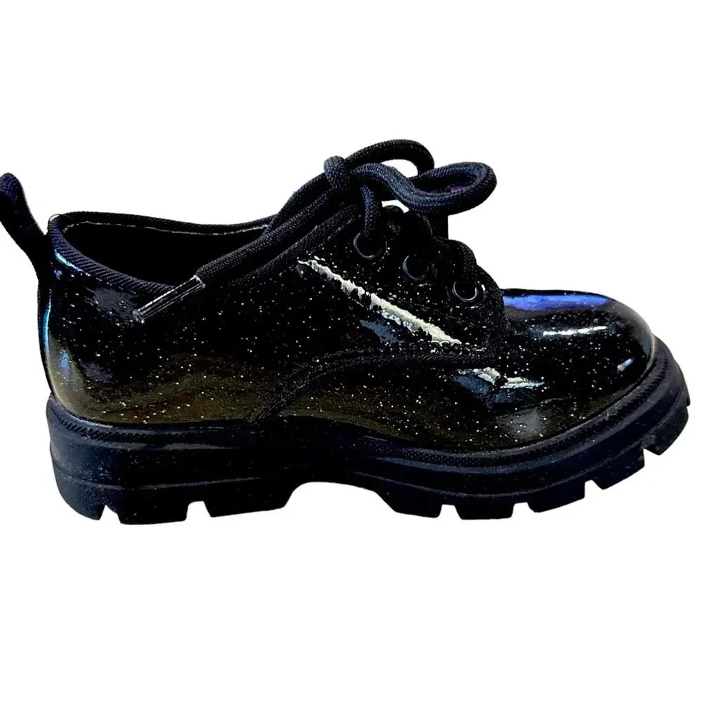 Zara kids‎ girls sparkly black faux patent oxfords lace up shoes EU 22